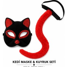 Uravas Store Kırmızı Kedi Maske ve Kuyruk Seti Parti Kostüm Aksesuarı