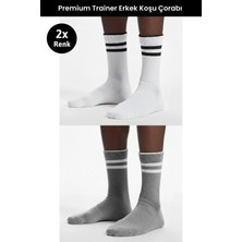 Dore Erkek 2 Çift Trainer Koşu Çorabı Premium Ter Emici Nefes Alan Uzun Konçlu Spor Çorap Beyaz Gri 40-44