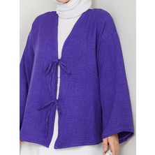 Exit Collection Kadın Tesettür Keten Önü Bağlamalı 2 Bağcıklı Modern Şık Etek Üsttü Leylak Mor Kimono Gömlek