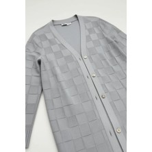 Gri Dama Desenli Rabia Şamlı Triko Hırka Kadınlar İçin Standart Beden Modern Stil