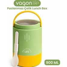Vagonlife Paslanmaz Çelik Kulplu Taşınabilir 3 Bölmeli Silindir Yemek Kabı - Lunch Box VGN1266 900ML - Yeşil