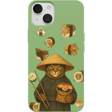 Casen iPhone 12 Yeşil Kedi Tasarımlı Gimbap Cat Renkli Silikon Telefon Kılıfı