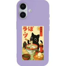 Casen iPhone 16 Plus Lila Lansman Renkli Silikon Black Cat Tasarımlı Telefon Kılıfı