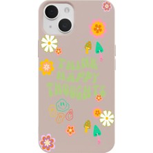 Casen iPhone 15 Pudra Think Happy Renkli Silikon Kılıfı