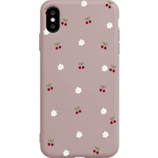 Casen iPhone Xs Pudra Lansman Renkli Silikon Kiraz ve Çiçek Desenli Kamera Korumalı Kılıf