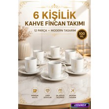 L'edoren 6 Kişilik Seramik Kahve Fincan Takımı Yuvarlak Sunum Tabaklı Porselen Türk Kahvesi Fincan Seti