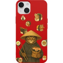Casen iPhone 15 Kırmızı Kedi Tasarımlı Gimbap Cat Renkli Silikon Telefon Kılıfı