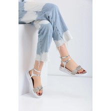  Golden Heel Bilekten Bağlamalı Dolgu Tabanlı  Gümüş Sandalet