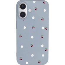 Casen iPhone 16 Mavi Lansman Renkli Silikon Kiraz ve Çiçek Desenli Kamera Korumalı Kılıf