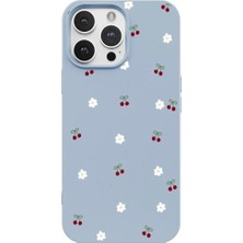 Casen iPhone 14 Pro Mavi Lansman Renkli Silikon Kiraz ve Çiçek Desenli Kamera Korumalı Kılıf