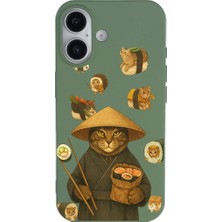 Casen iPhone 16 Yeşil Kedi Tasarımlı Gimbap Cat Renkli Silikon Telefon Kılıfı