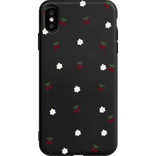 Casen iPhone Xs Siyah Lansman Renkli Silikon Kiraz ve Çiçek Desenli Kamera Korumalı Kılıf