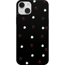 Casen iPhone 15 Plus Siyah Lansman Renkli Silikon Kiraz ve Çiçek Desenli Kamera Korumalı Kılıf