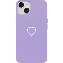 Casen iPhone 14 Plus Lila Lansman Renkli Silikon Beyaz Kalp Desenli Kamera Korumalı Kılıf