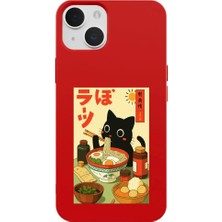 Casen iPhone 15 Plus Kırmızı Lansman Renkli Silikon Black Cat Tasarımlı Telefon Kılıfı