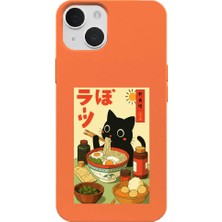 Casen iPhone 13 Plus Turuncu Lansman Renkli Silikon Black Cat Tasarımlı Telefon Kılıfı