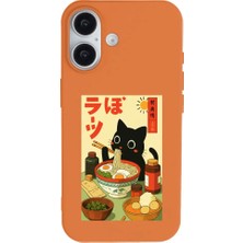 Casen iPhone 16 Turuncu Lansman Renkli Silikon Black Cat Tasarımlı Telefon Kılıfı