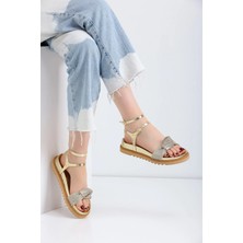  Golden Heel Bilekten Bağlamalı Dolgu Tabanlı  Gold Sandalet