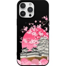 Casen iPhone 14 Pro Max Siyah Lansman Sakura Renkli Silikon Kılıfı