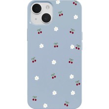 Casen iPhone 15 Plus Mavi Lansman Renkli Silikon Kiraz ve Çiçek Desenli Kamera Korumalı Kılıf