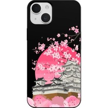 Casen iPhone 15 Plus Siyah Lansman Sakura Renkli Silikon Kılıfı
