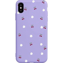 Casen iPhone x Lila Lansman Renkli Silikon Kiraz ve Çiçek Desenli Kamera Korumalı Kılıf