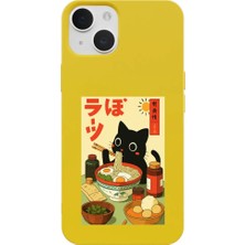 Casen iPhone 15 Plus Sarı Lansman Renkli Silikon Black Cat Tasarımlı Telefon Kılıfı