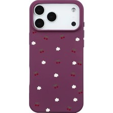 Casen iPhone 17 Pro Max Bordo Lansman Renkli Silikon Kiraz ve Çiçek Desenli Kamera Korumalı Kılıf