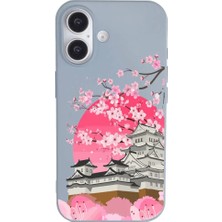 Casen iPhone 16 Plus Mavi Lansman Sakura Renkli Silikon Kılıfı
