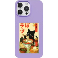 Casen iPhone 11 Pro Max Lila Lansman Renkli Silikon Black Cat Tasarımlı Telefon Kılıfı