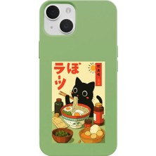 Casen iPhone 14 Yeşil Lansman Renkli Silikon Black Cat Tasarımlı Telefon Kılıfı