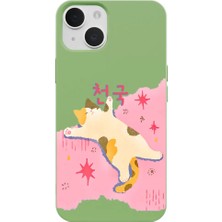 Casen iPhone 14 Yeşil Cat Sleeping Kamera Korumalı Premium Lansman Renkli Silikon Kılıfı