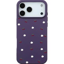 Casen iPhone 17 Pro Max Mor Lansman Renkli Silikon Kiraz ve Çiçek Desenli Kamera Korumalı Kılıf