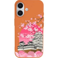 Casen iPhone 16 Plus Turuncu Lansman Sakura Renkli Silikon Kılıfı