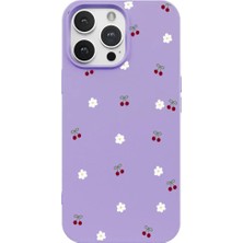 Casen iPhone 16 Pro Lila Lansman Renkli Silikon Kiraz ve Çiçek Desenli Kamera Korumalı Kılıf