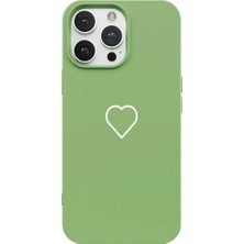 Casen iPhone 16 Pro Yeşil Lansman Renkli Silikon Beyaz Kalp Desenli Kamera Korumalı Kılıf