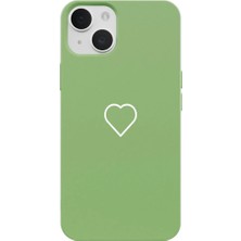 Casen iPhone 15 Plus Yeşil Lansman Renkli Silikon Beyaz Kalp Desenli Kamera Korumalı Kılıf