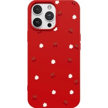 Casen iPhone 15 Pro Kırmızı Lansman Renkli Silikon Kiraz ve Çiçek Desenli Kamera Korumalı Kılıf
