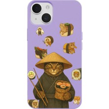 Casen iPhone 15 Lila Kedi Tasarımlı Gimbap Cat Renkli Silikon Telefon Kılıfı