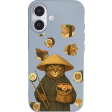 Casen iPhone 16 Plus Mavi Kedi Tasarımlı Gimbap Cat Renkli Silikon Telefon Kılıfı