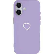 Casen iPhone 16 Plus Lila Lansman Renkli Silikon Beyaz Kalp Desenli Kamera Korumalı Kılıf