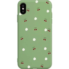 Casen iPhone Xs Yeşil Lansman Renkli Silikon Kiraz ve Çiçek Desenli Kamera Korumalı Kılıf