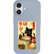 Casen iPhone 16 Plus Mavi Lansman Renkli Silikon Black Cat Tasarımlı Telefon Kılıfı