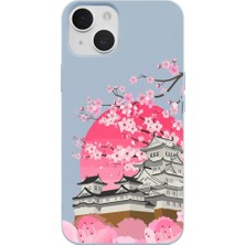 Casen iPhone 14 Mavi Lansman Sakura Renkli Silikon Kılıfı