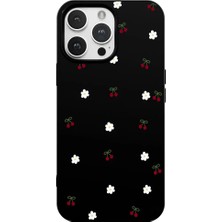 Casen iPhone 16 Pro Siyah Lansman Renkli Silikon Kiraz ve Çiçek Desenli Kamera Korumalı Kılıf