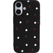 Casen iPhone 16 Siyah Lansman Renkli Silikon Kiraz ve Çiçek Desenli Kamera Korumalı Kılıf