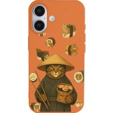 Casen iPhone 16 Turuncu Kedi Tasarımlı Gimbap Cat Renkli Silikon Telefon Kılıfı