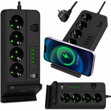 Qasul 4'lü Priz Çoklayıcı Kablosuz Şarjlı 4 USB + Type-C 3000W 24 Saat Dijital Zamanlayıcılı 2 Metre Kablolu Akıllı Priz