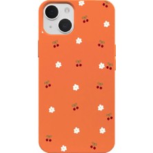 Casen iPhone 13 Mini Turuncu Lansman Renkli Silikon Kiraz ve Çiçek Desenli Kamera Korumalı Kılıf