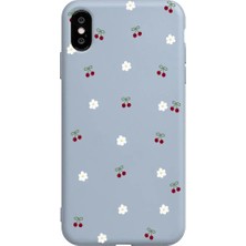 Casen iPhone Xs Mavi Lansman Renkli Silikon Kiraz ve Çiçek Desenli Kamera Korumalı Kılıf